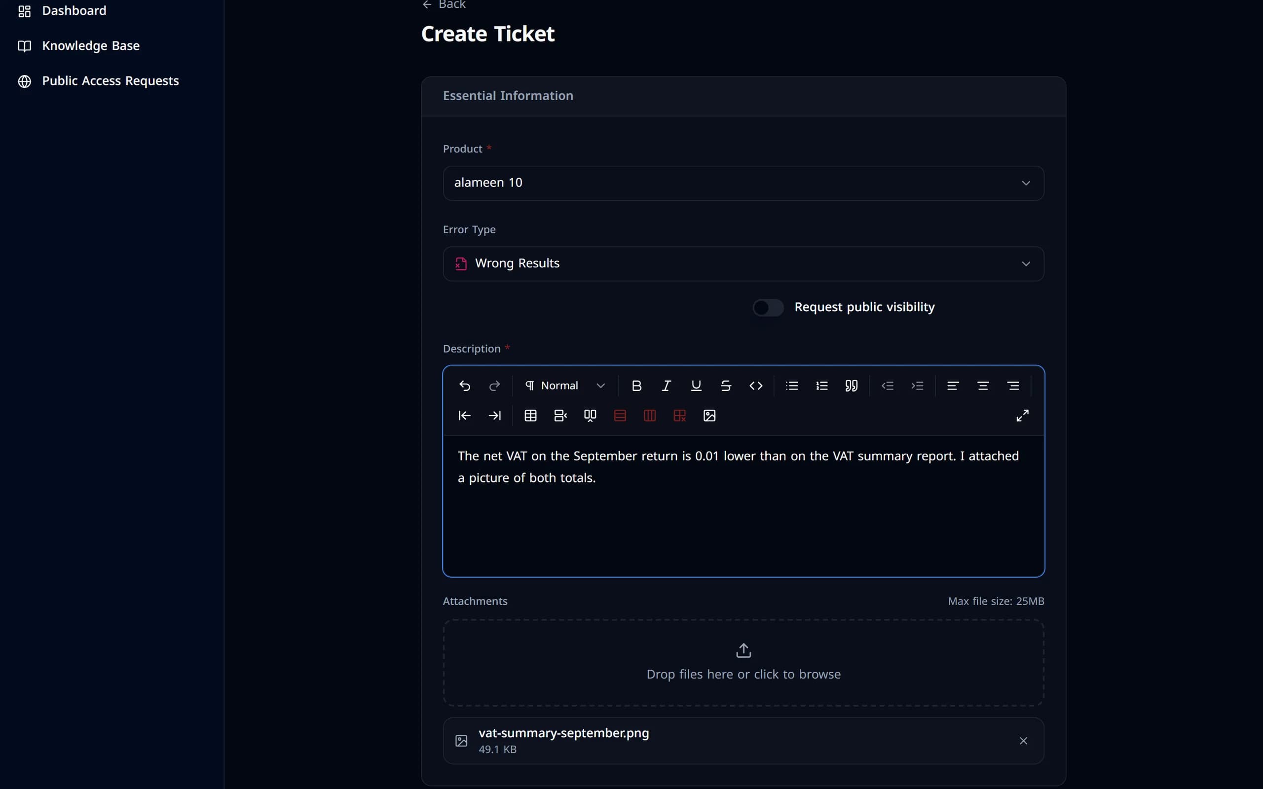 The form filled in: product, error type, a description and an attached picture.
