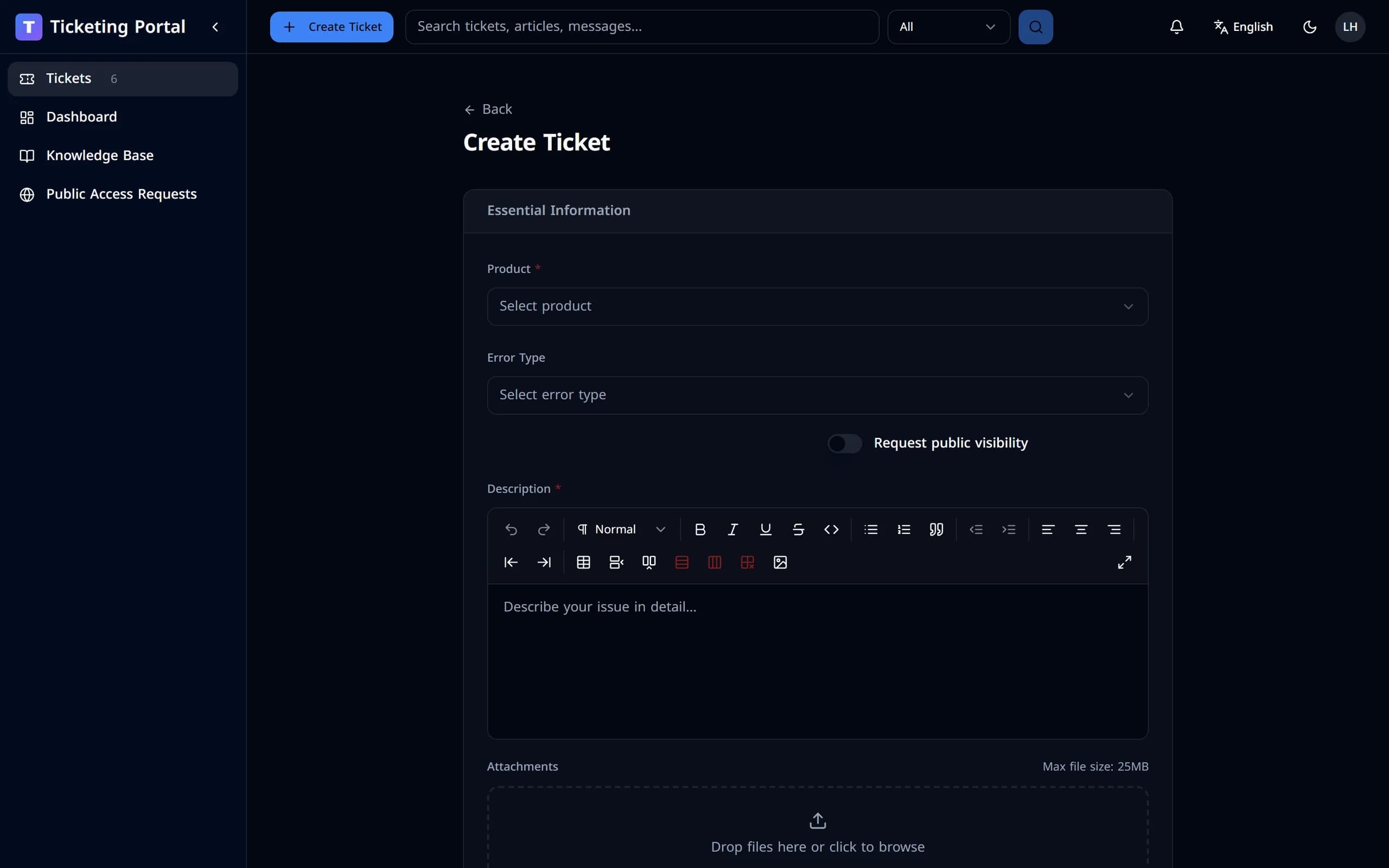 The new-ticket form in the portal.