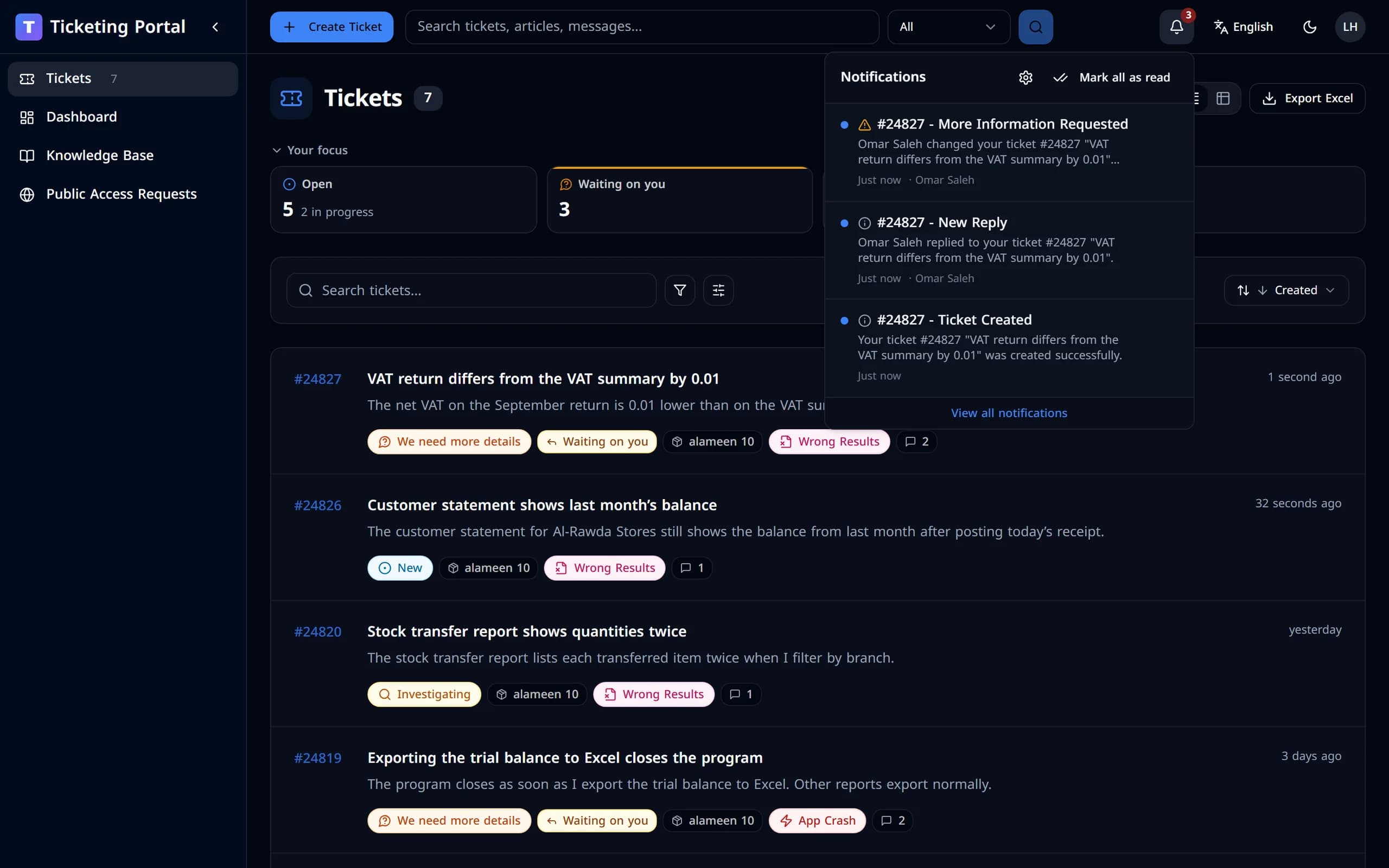 The notifications menu showing a new reply and a request for more information on the ticket.
