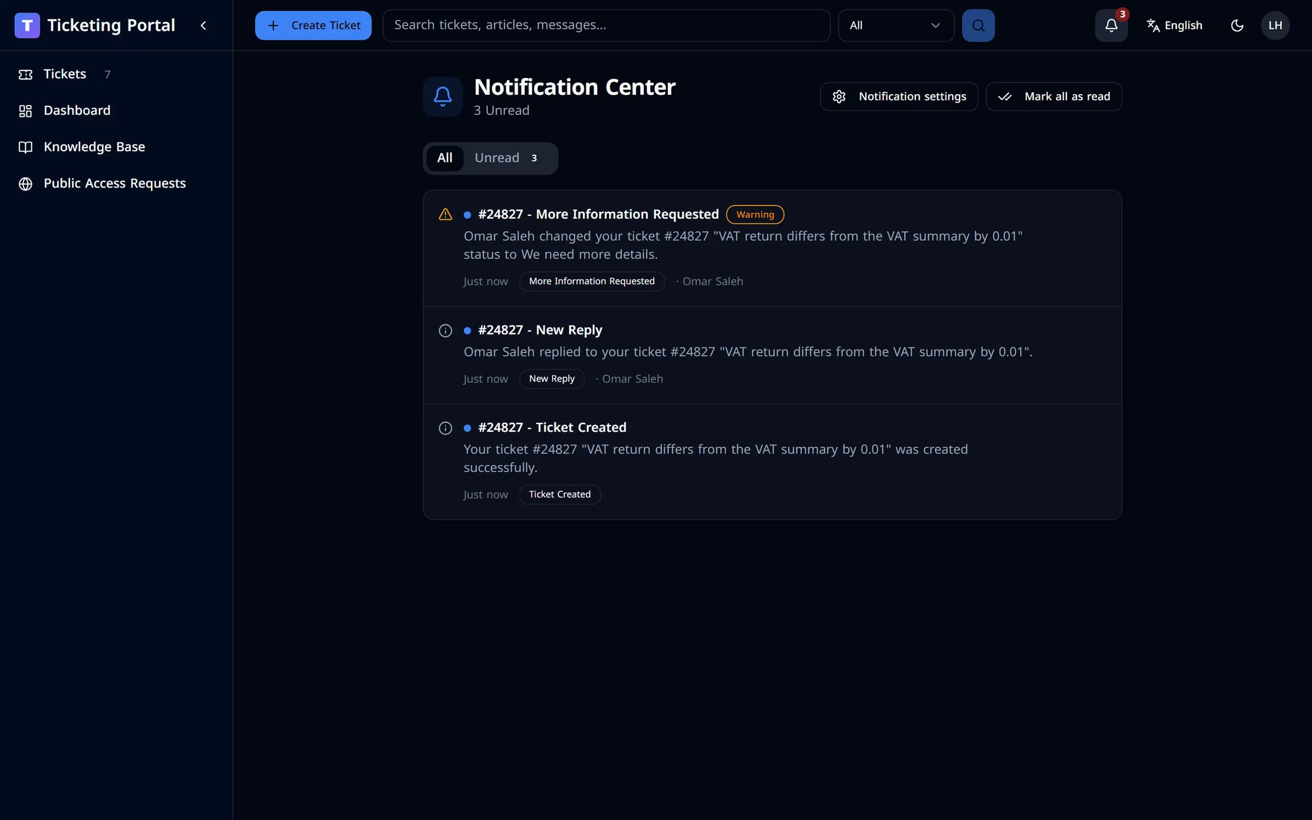 The notification center with the ticket’s notifications.