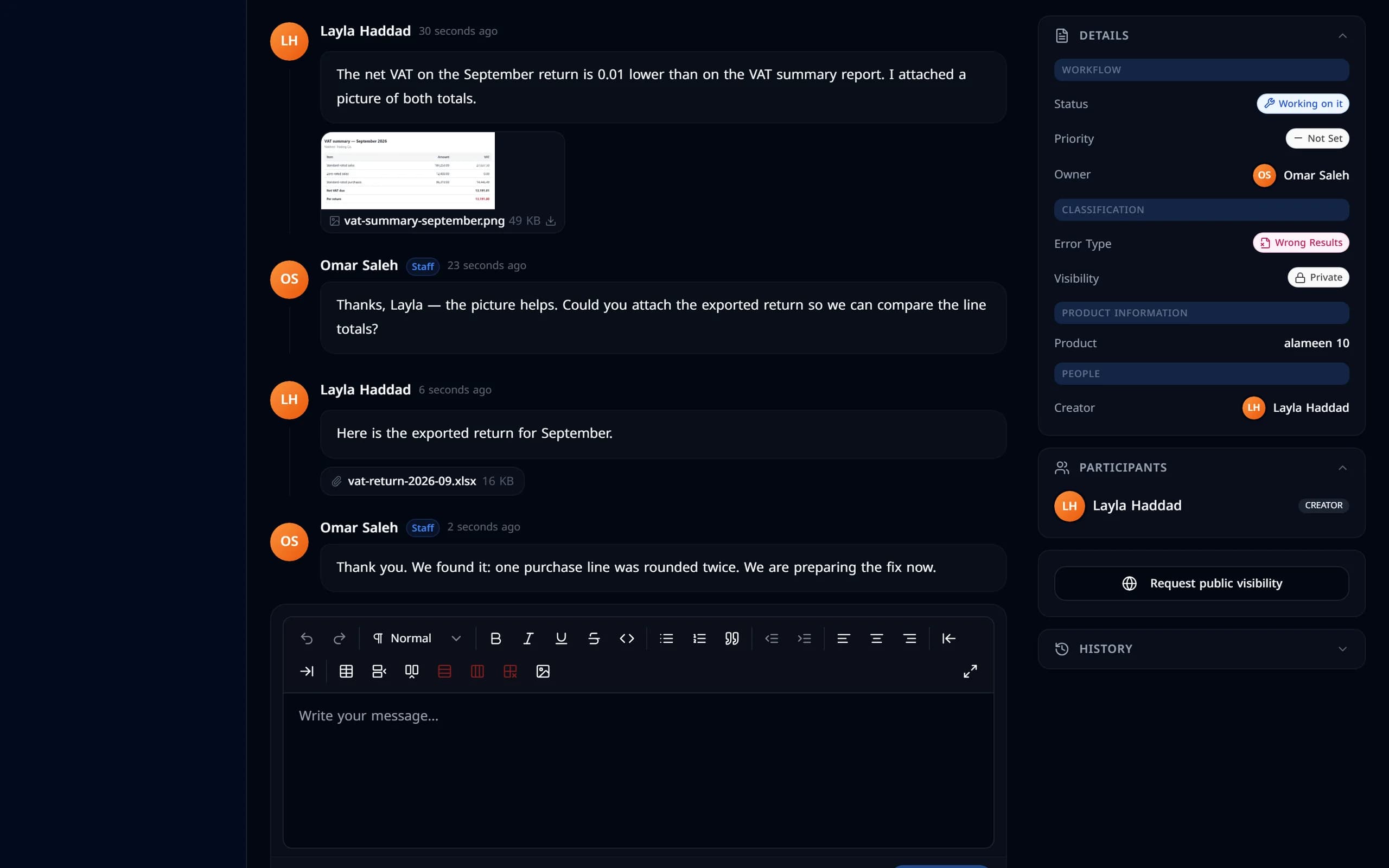 The ticket conversation: the customer’s description and picture, support’s question, the customer’s reply with a spreadsheet attached, and support’s answer.
