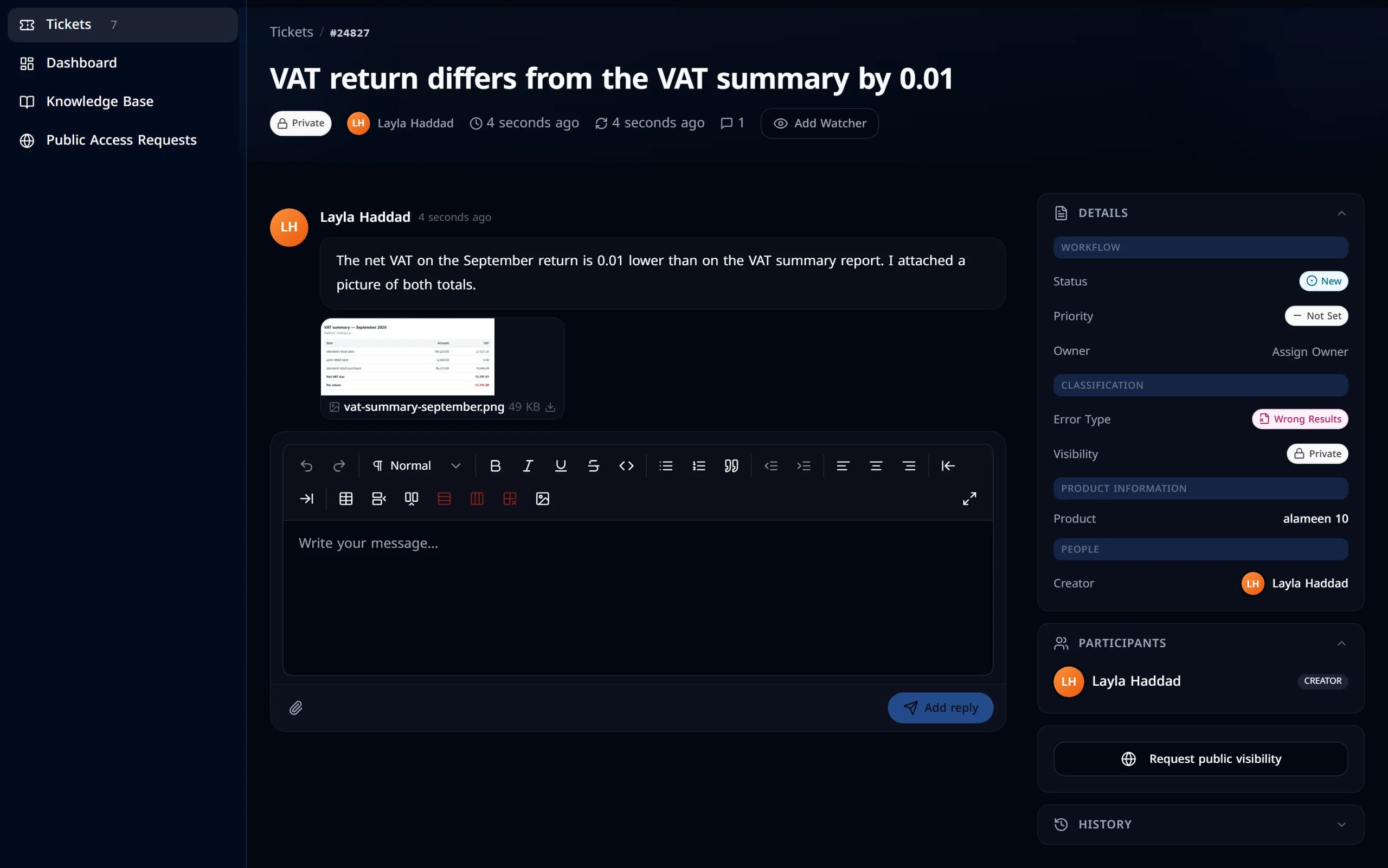 A new support ticket in the portal: its number and subject, the status New, the customer’s description and an attached picture.