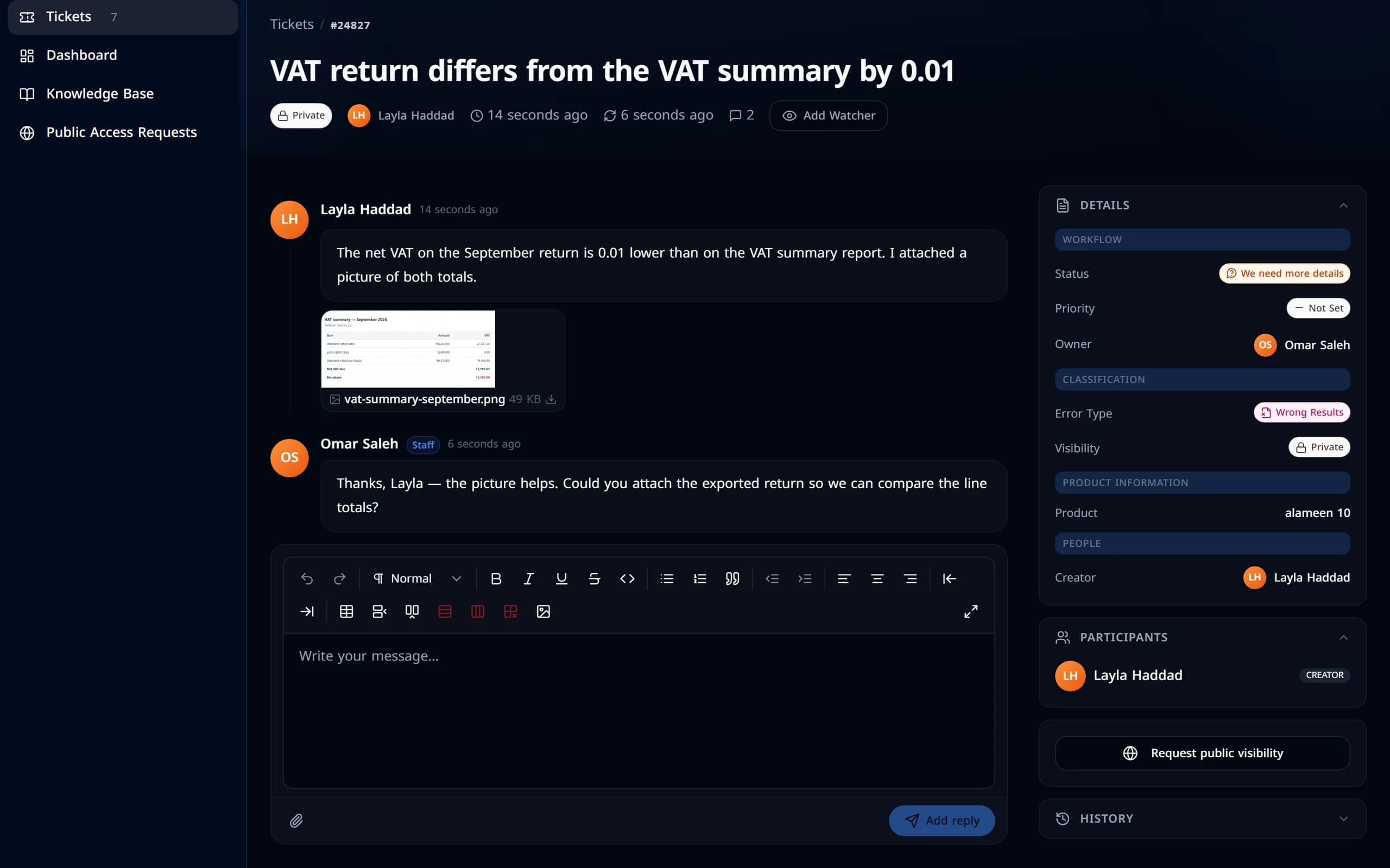 The ticket conversation: the customer’s description and picture, support’s question, the customer’s reply with a spreadsheet attached, and support’s answer.
