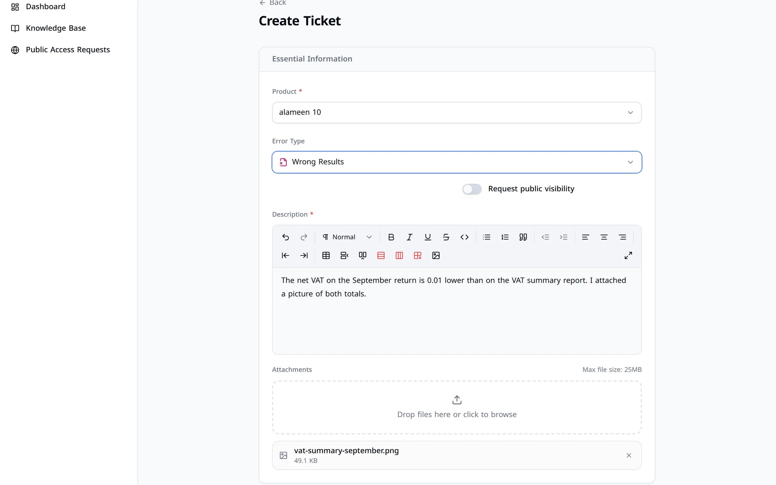 The form filled in: product, error type, a description and an attached picture.