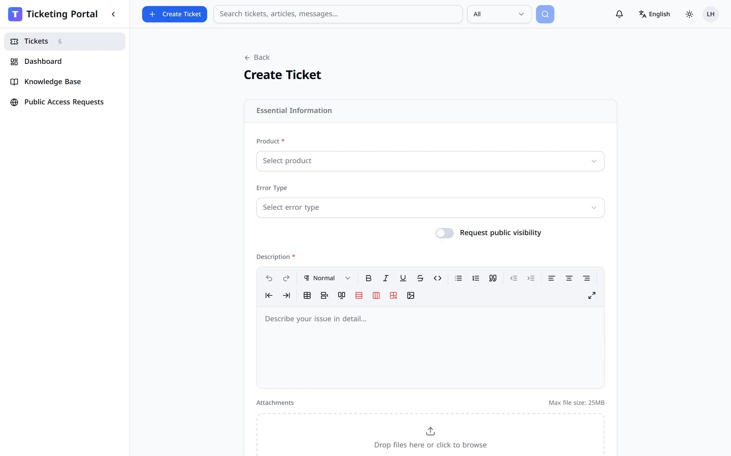 The new-ticket form in the portal.