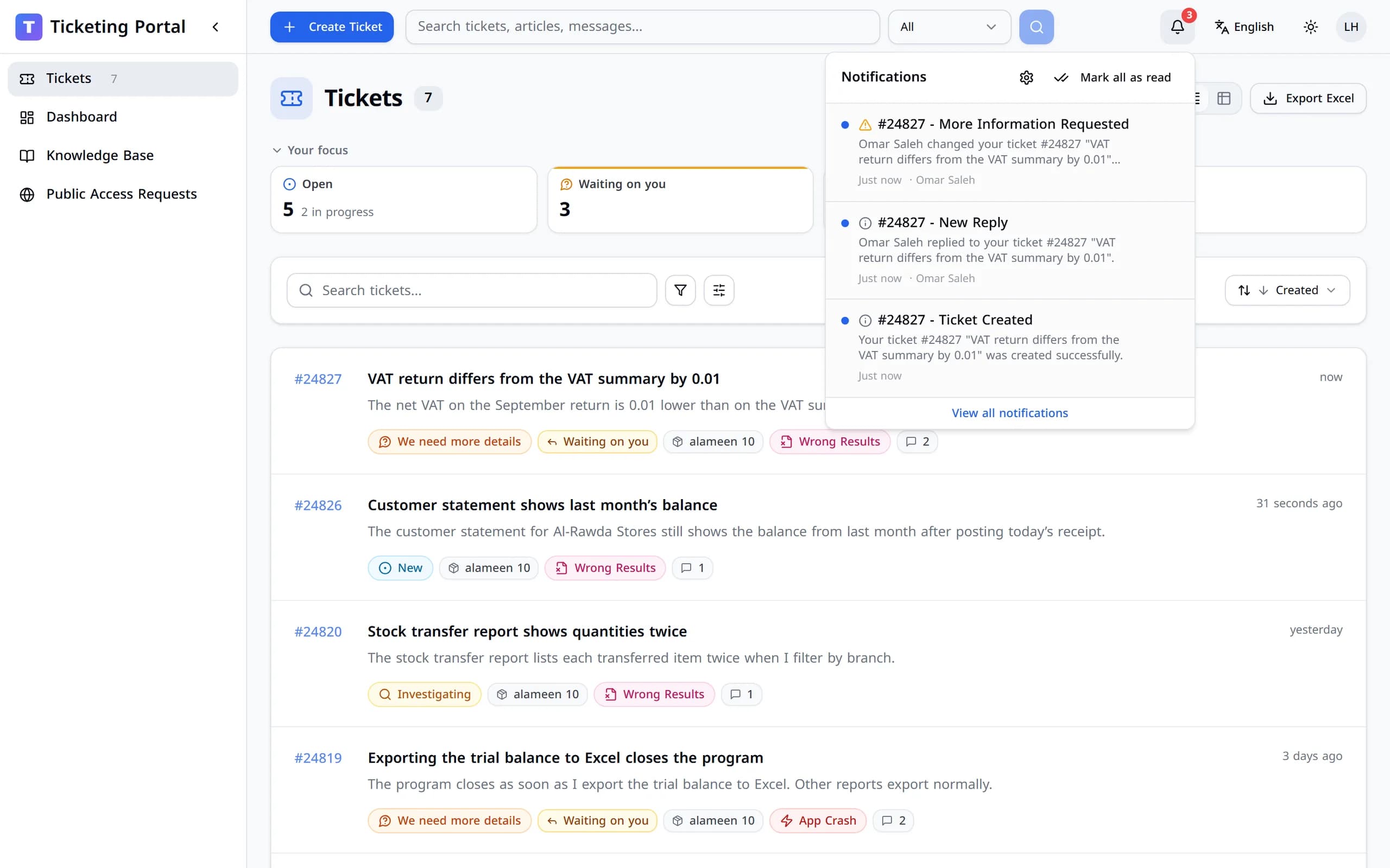 The notifications menu showing a new reply and a request for more information on the ticket.