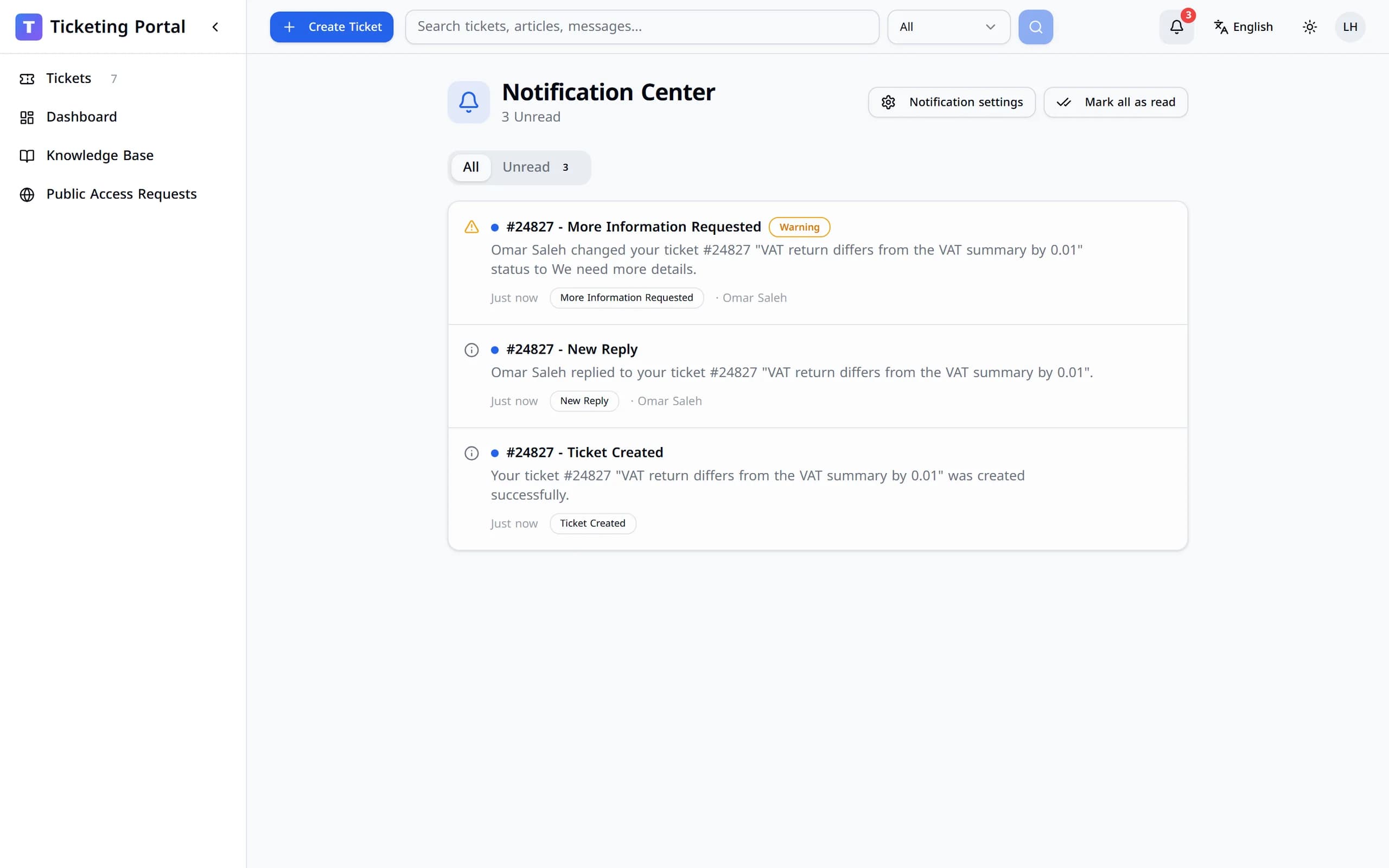 The notification center with the ticket’s notifications.