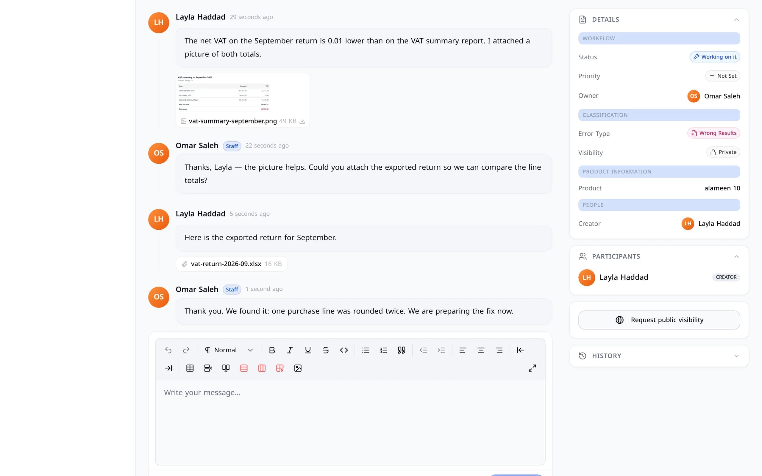 The ticket conversation: the customer’s description and picture, support’s question, the customer’s reply with a spreadsheet attached, and support’s answer.