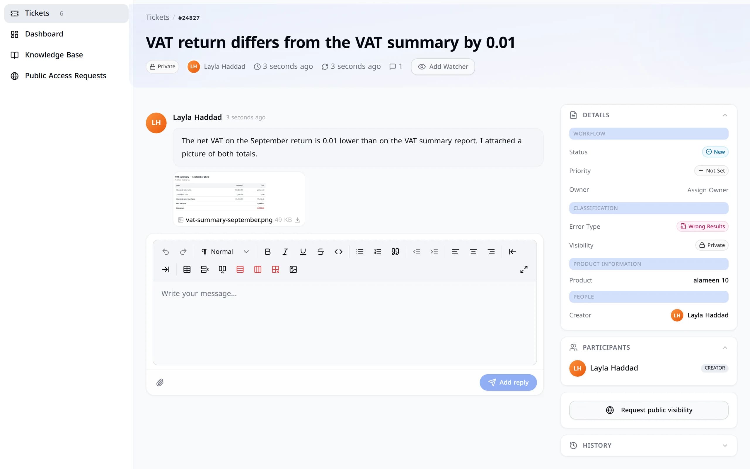 A new support ticket in the portal: its number and subject, the status New, the customer’s description and an attached picture.