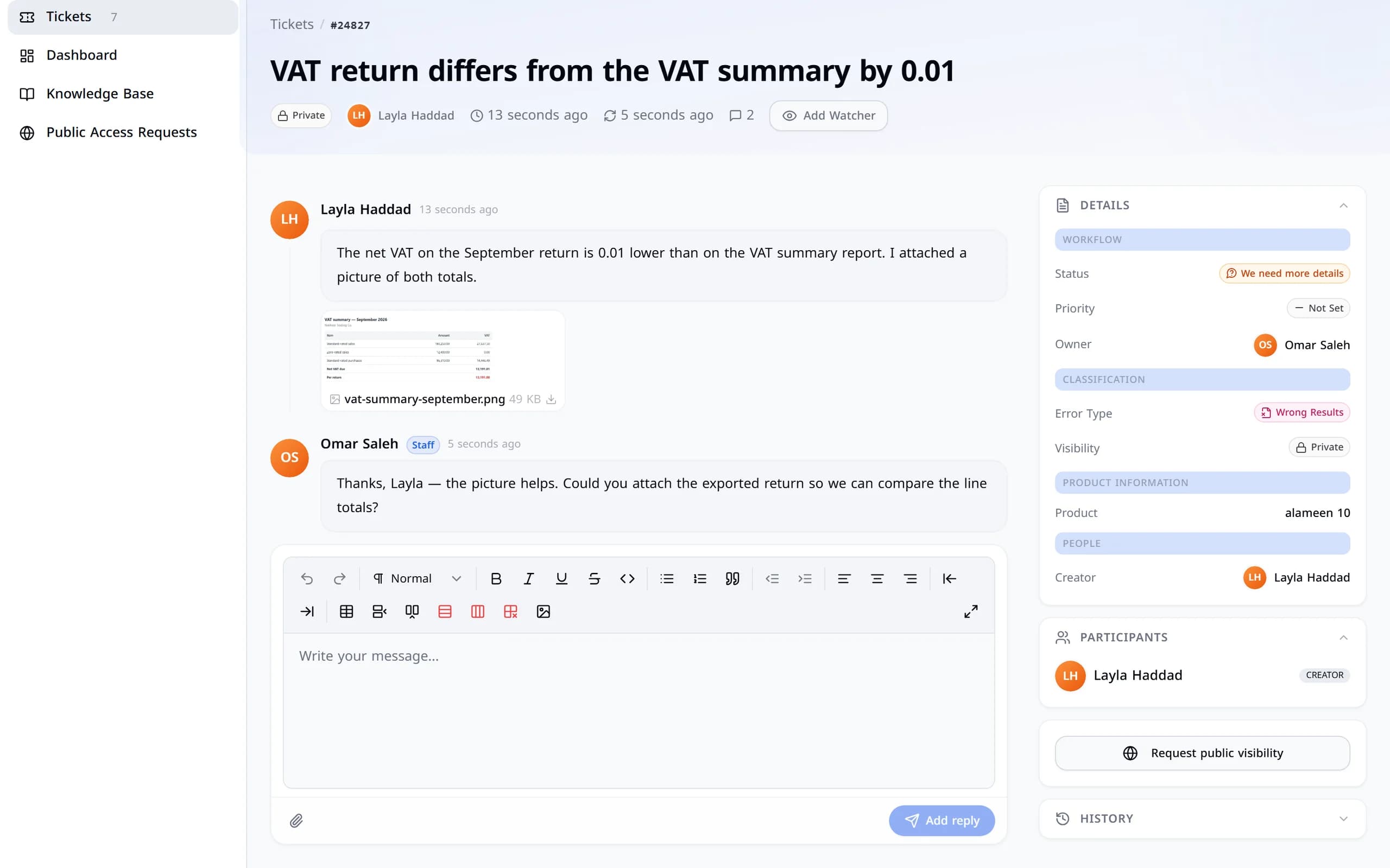 The ticket conversation: the customer’s description and picture, support’s question, the customer’s reply with a spreadsheet attached, and support’s answer.